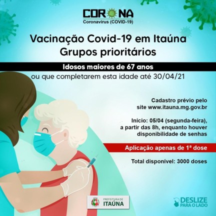 Idosos com mais de 67 anos devem se cadastrar para vacinação contra a Covid-19 em Itaúna