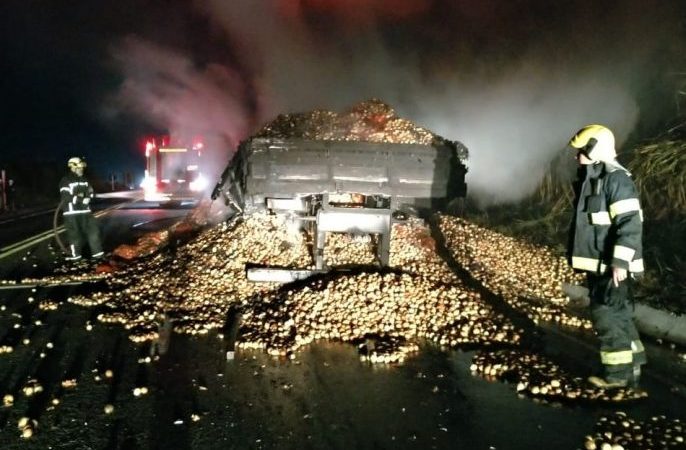 MG 050: carreta com 20 mil kg de cebolas pega fogo