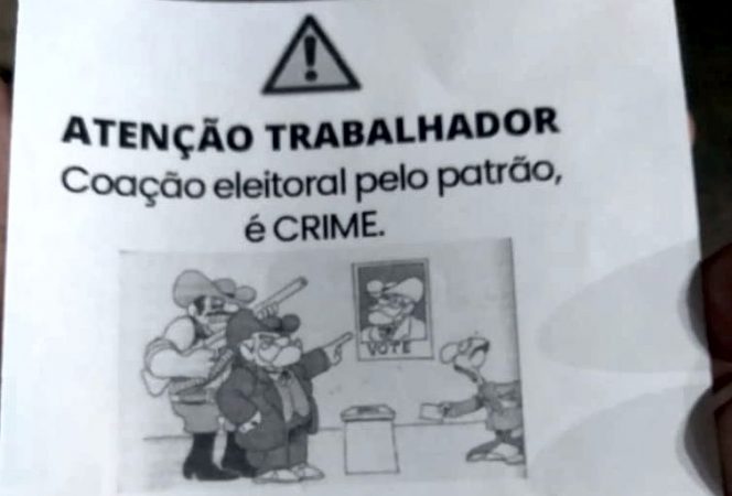 Panfleto distribuído em Itaúna alerta para coação eleitoral
