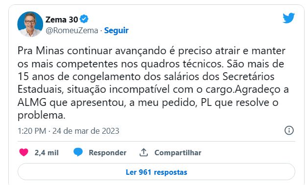 Reajuste do salário do governador Romeu Zema será de 298%, segundo PL