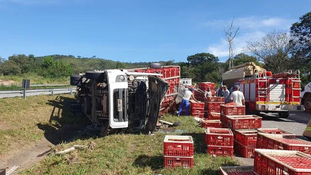 Bombeiros fazem atendimento de motorista de caminhão com carga de aves vivas que tombou na BR 262