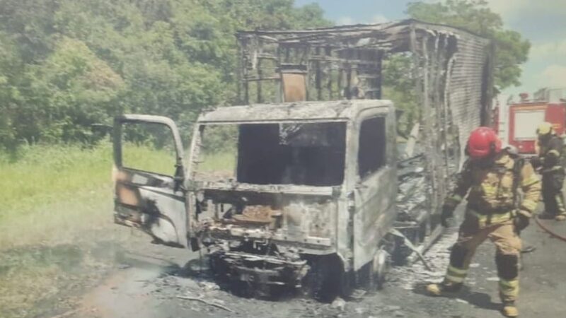 Caminhão-baú e toda carga ficam destruídos por incêndio na MG – 050