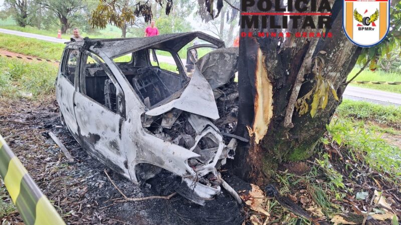 Jovem de 18 anos morre carbonizado depois de colisão com uma árvore na MG 050, em Pimenta