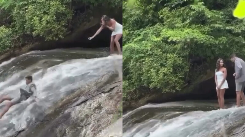 Vídeo: pedido de casamento em cachoeira quase termina em tragédia