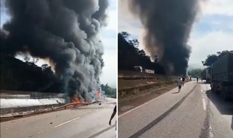 Vídeos: explosão e incêndio na colisão entre caminhões-tanque provoca uma morte